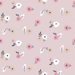 Simple meadow florals tender colors seamless vector pattern.