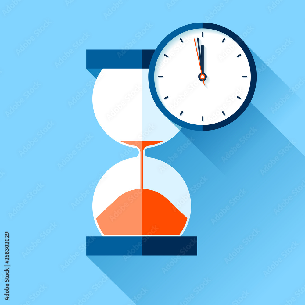 Poster hourglass and analog clock icons in flat style, sandglass timer on color background. vector design e