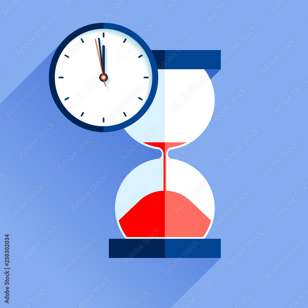 Poster hourglass and analog clock icons in flat style, sandglass timer on color background. vector design e