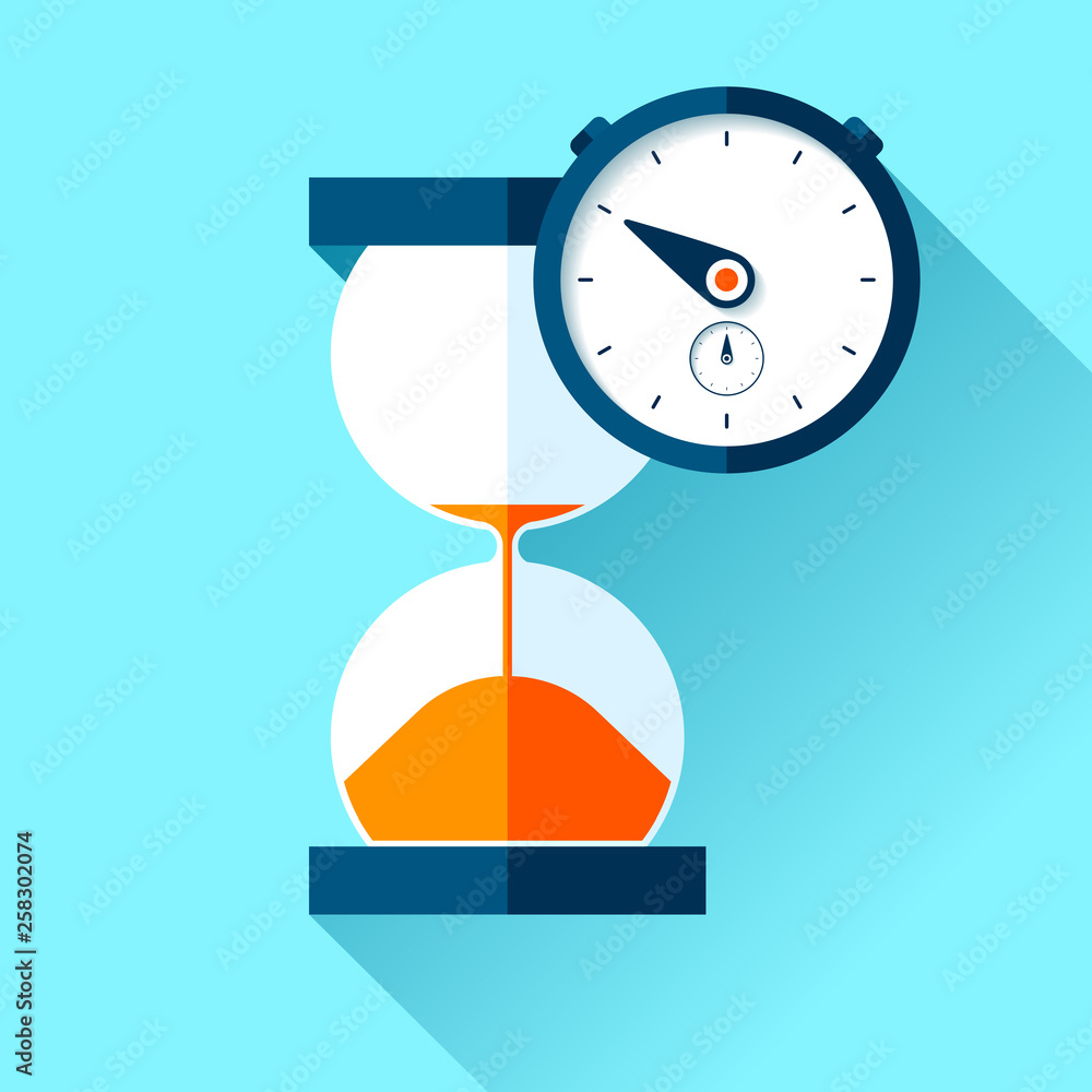 Poster hourglass and stopwatch icons in flat style, sandglass clock on color background. vector design elem