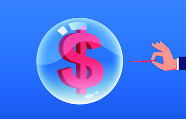 Broken, hand holding a needle to pierce the bubble