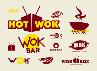Wok icons, labels, signs, symbols and design elements  - obrazy, fototapety, plakaty