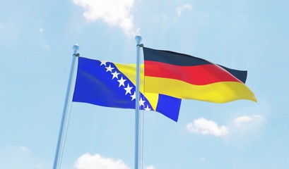Germany and Bosnia and Hercegovina, two flags waving against blue sky. 3d image