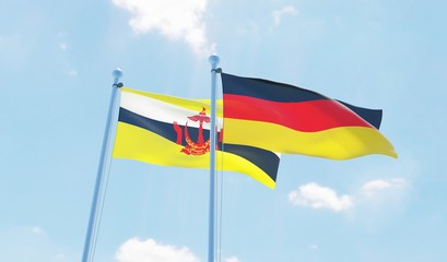 Germany and Brunei, two flags waving against blue sky. 3d image