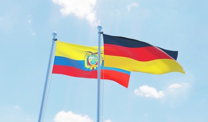 Germany and Ecuador, two flags waving against blue sky. 3d image
