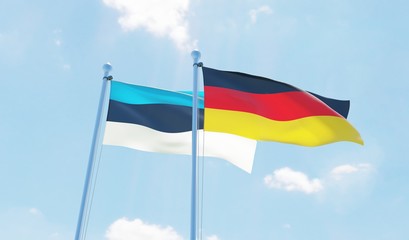Germany and Estonia, two flags waving against blue sky. 3d image