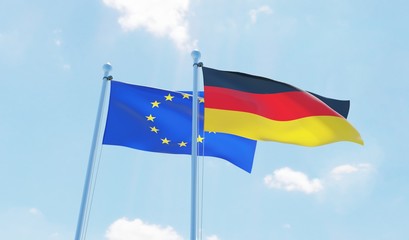 Germany and EU, two flags waving against blue sky. 3d image