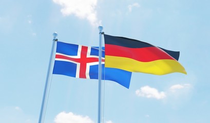 Germany and Iceland, two flags waving against blue sky. 3d image