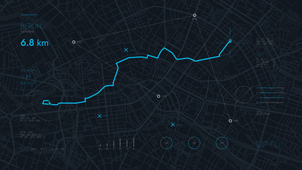 Futuristic route dashboard GPS tracking map, navigate mapping technology and locate position pin on the streets of the city Berlin