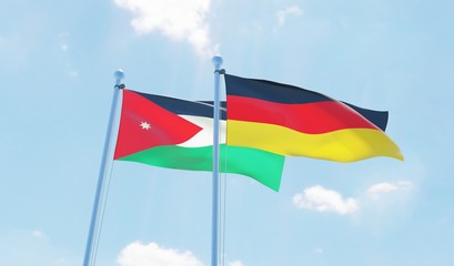 Germany and Jordan, two flags waving against blue sky. 3d image