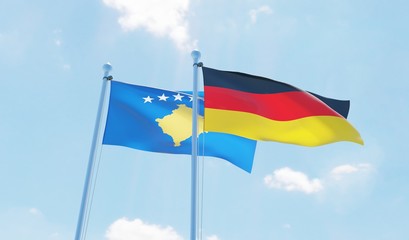 Germany and Kosovo, two flags waving against blue sky. 3d image
