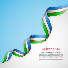 Vector banner in white and blue colors and waving ribbon with flag of Uzbekistan. Template for poster design, brochures, printed materials, logos, independence day. National flags