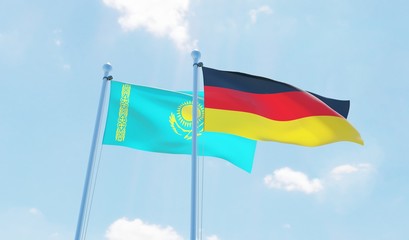 Germany and Kazakhstan, two flags waving against blue sky. 3d image