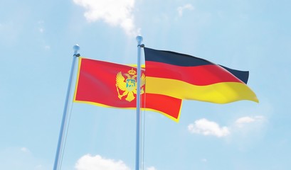 Germany and Montenegro, two flags waving against blue sky. 3d image