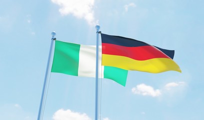 Germany and Nigeria, two flags waving against blue sky. 3d image