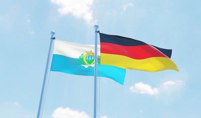Germany and San Marino, two flags waving against blue sky. 3d image