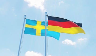 Germany and Sweden, two flags waving against blue sky. 3d image