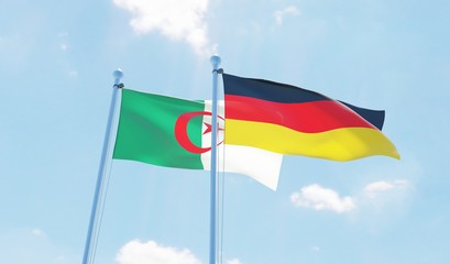 Germany and Algeria, two flags waving against blue sky. 3d image