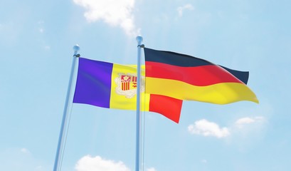 Germany and Andorra, two flags waving against blue sky. 3d image