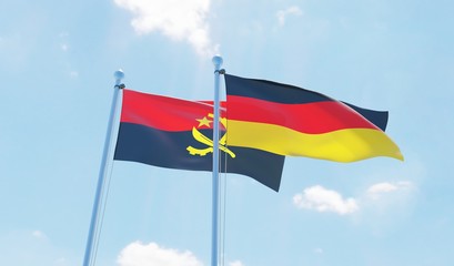 Germany and Angola, two flags waving against blue sky. 3d image