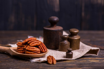 Pecan nuts nature on wooden table