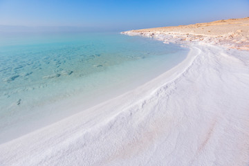 Salt on the shore. Dead Sea. Jordan landscape