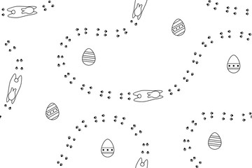 Easter bunny, eggs hunt seamless pattern with outlined elements. Black and white minimalistic design.
