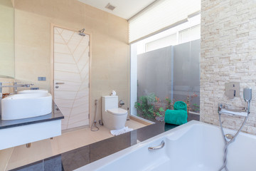 Luxury bathroom features basin, toilet bowl and bathtub home, house , building , hotel , resort