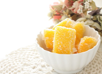 Fototapeta na wymiar Frozen mango with copy space for healthy food ingredient image