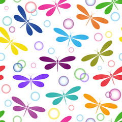 Multicolored dragonflies and translucent colored balls