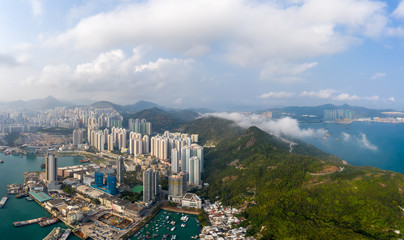 Aerial panoramic view of Hong Kong City from Lei Yue Mun