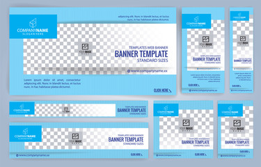 Blue and White Web banners templates, standard sizes with space for photo, modern design