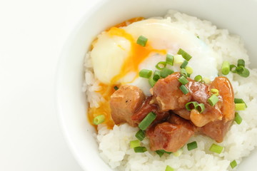 Japanese food, canned Yakitori and egg on rice