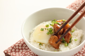Japanese food, canned Yakitori and egg on rice