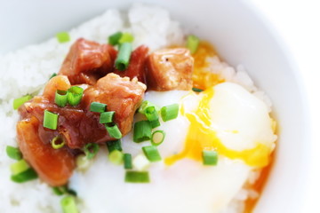 Japanese food, canned Yakitori and egg on rice