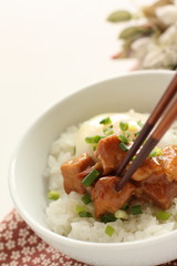 Japanese food, canned Yakitori and egg on rice