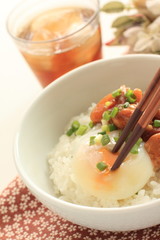 Japanese food, canned Yakitori and egg on rice