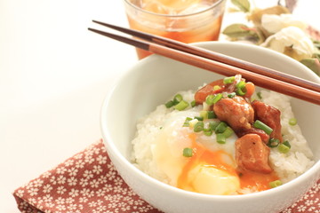Japanese food, canned Yakitori and egg on rice