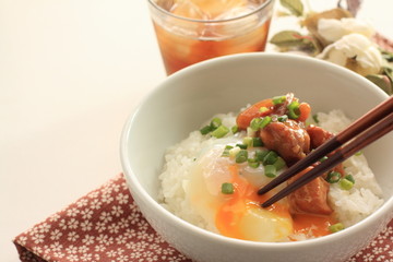 Japanese food, canned Yakitori and egg on rice