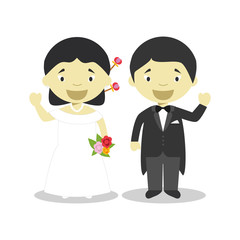 Obraz na płótnie Canvas Oriental newlywed couple in cartoon style Vector illustration