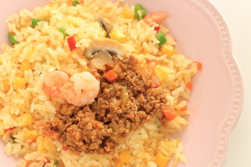 Chinese food, shrimp and vegetable stir fried with Mince curry