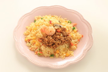 Chinese food, shrimp and vegetable stir fried with Mince curry