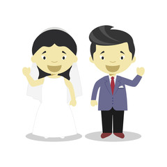 Obraz na płótnie Canvas Oriental newlywed couple in cartoon style Vector illustration
