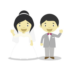 Oriental newlywed couple in cartoon style Vector illustration