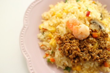 Chinese food, shrimp and vegetable stir fried with Mince curry