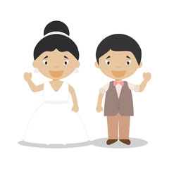 Oriental newlywed couple in cartoon style Vector illustration