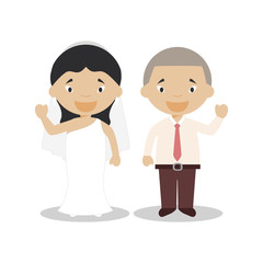 Oriental newlywed couple in cartoon style Vector illustration