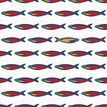 Sardine Fish Stripes Seamless Vector Pattern Of Grilled Fishes. Lisbon St Antonio Traditional Portugese Food Festival. June Portugal Party. Fishing Stream Concept Odd One Out, Swimming Against Tide.