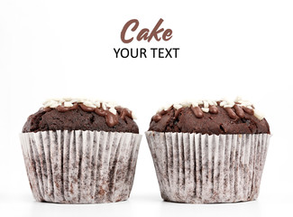 Tasty chocolate cupcakes on white background. Chocolate caramel cupcake and butterscotch syrup. Chocolate cupcake isolated on white.