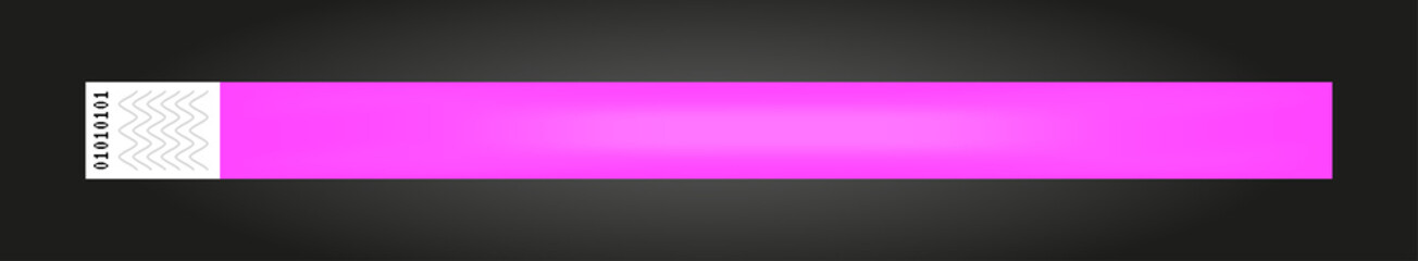 Fototapeta premium Vector luminous neon violet, purple or pink cheap empty bracelet or wristband. Sticky hand entrance event paper bracelet isolated on black. Template or mock up suitable for various identifications.